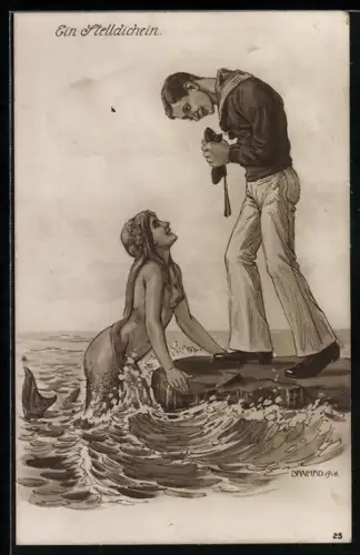 Künstler-AK Ein Stelldichein, Matrose begegnet einer Nixe