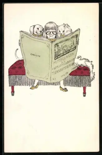 Künstler-AK sign. Gustav Polzin: Mädchen liest die Mitteilungen des Charlottenburger Tierschutz -Verein