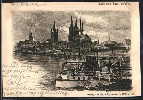 Künstler-AK Köln, Teilansicht mit Dom von Deutz gesehen