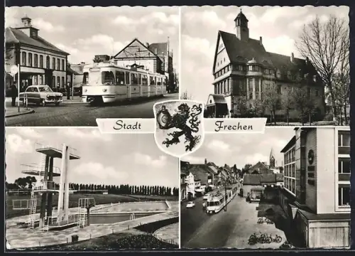 AK Frechen, Strassenpartien der Hauptstrasse mit Strassenbahn, Rathaus, Schwimmstadion