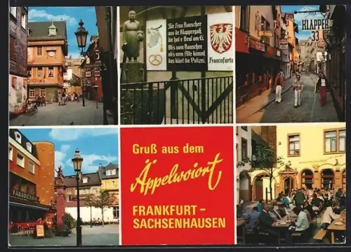 AK Frankfurt a. M.-Sachsenhausen, Strassenpartien mit Paradieshof und Passanten