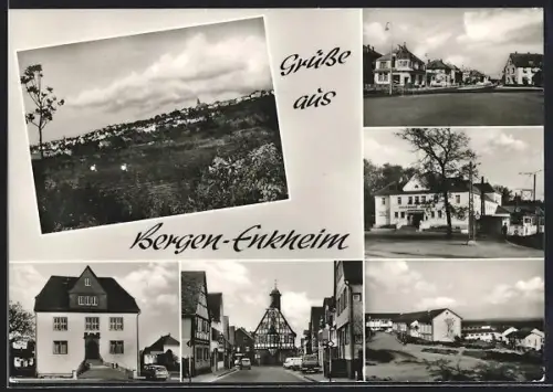 AK Frankfurt-Bergen-Enkheim, Totalansicht, Wohnhäuser, Ortspartie mit Siedlung, Blick auf die Kirche, Fachwerkhäuser