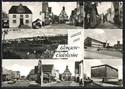 AK Frankfurt-Bergen-Enkheim, Collage mit Strassenpartien, Gebäuden und Gesamtansicht, Schuhhaus Will