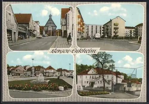 AK Bergen-Enkheim, Strassenpartien mit Grünanlage, Schuhhaus Will, Schreibwaren Walter Schubert, Volkshaus Enkheim