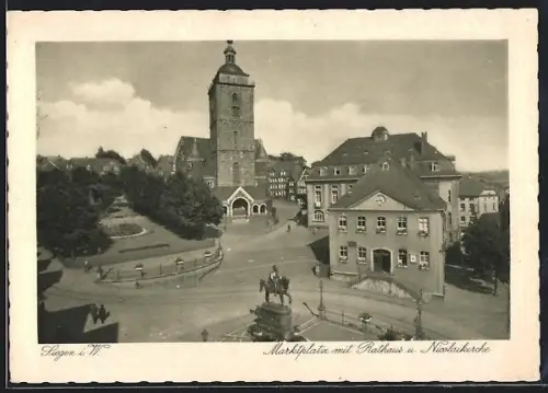 AK Siegen i. W., Marktplatz mit Rathaus, Nicolaikirche und Denkmal