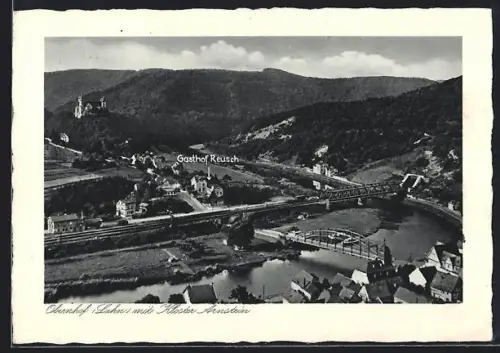 AK Obernhof /Lahn, Ortsansicht mit Brücken, Kloster Arnstein u. Gasthof Reusch aus der Vogelschau