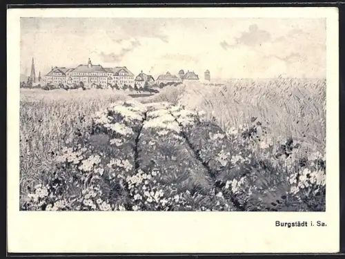 AK Burgstädt i. Sa., Blick durch die Felder auf den Ort