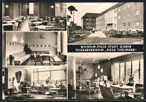 AK Guben, Feierabendheim Rosa Thälmann, Wintergarten, Bibliothekszimmer