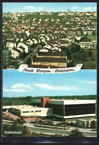 AK Frankfurt-Bergen-Enkheim, Gesamtansicht der Stadt und Hallenbad