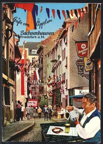 AK Frankfurt a. M.-Sachsenhausen, Dekorierte Strassenpartie mit Passanten, Sachsenhäuser Stübchen