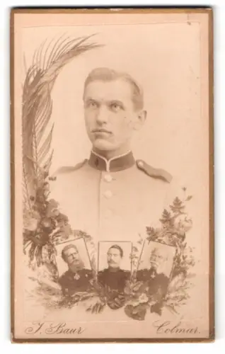 Fotografie J. Baur, Colmar, Soldat in Uniform Rgt. 14, im Passepartout mit Portrait preussischer Kaiser