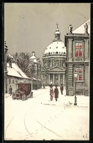 Künstler-AK Kopenhagen, Verschneite Strassenpartie im Winter, Automobil