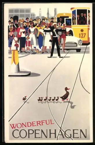 Künstler-AK Copenhagen, Autos und Strassenbahn halten an um Enten über die Strasse zu lassen