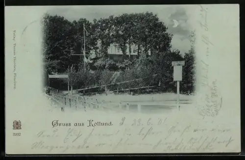 Mondschein-AK Kollund, Steg im Vollmondlicht