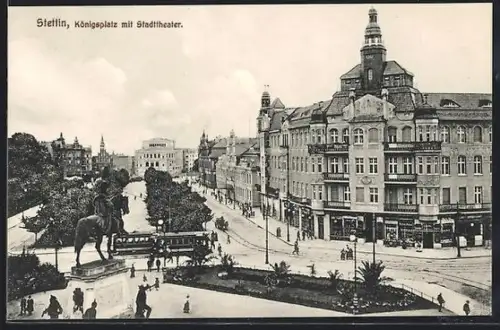 AK Stettin, Königsplatz mit Stadttheater