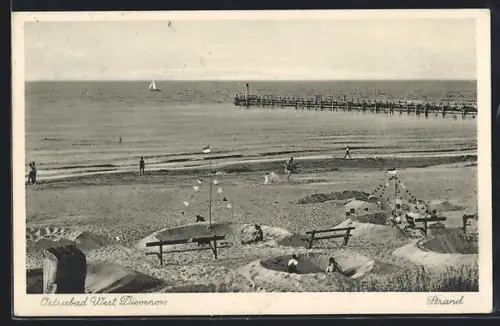 AK West Dievenow, Strand mit Buhne und Ruhebänken