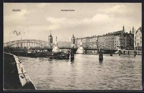 AK Stettin, Hansabrücke, Schleppkähne auf der Oder