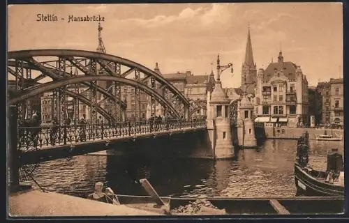 AK Stettin, Hansabrücke, Schleppkähne an der Kaimauer
