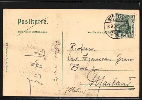 AK Stettin, Hansabrücke, Schleppkähne an der Kaimauer