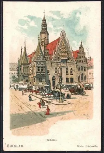 Künstler-AK Breslau, Blick auf das Rathaus, Werbekarte für Hoffmann`s Stärke