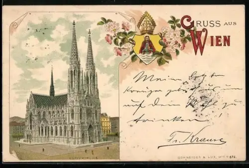 Lithographie Wien, Votivkirche aus der Vogelschau, Christus-Wappen mit Krone u. Blumen