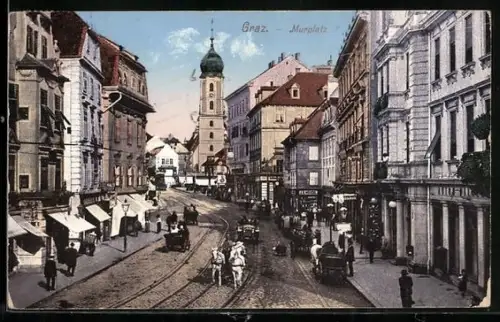 AK Graz, Murplatz mit Geschäften und Turm aus der Vogelschau