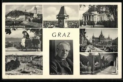 AK Graz, Jakominiplatz, Landhaushof, Portrait Peter Rosegger, Uhrturm