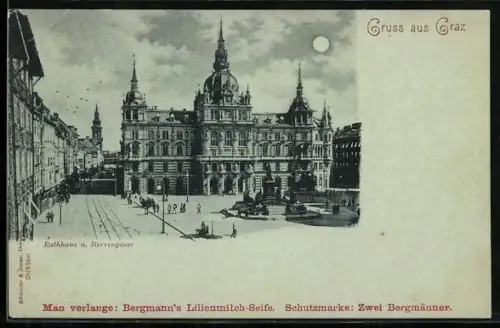 Mondschein-AK Graz, Rathhaus und Herrengasse aus der Vogelschau