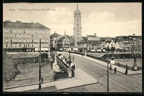 AK Graz, Erzherzog-Franz-Karl-Brücke mit Ortspanorama aus der Vogelschau