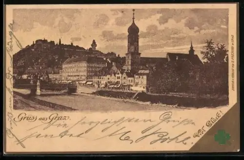AK Graz, Ortspanorama mit Brücke und Schlossberg, Glücksklee
