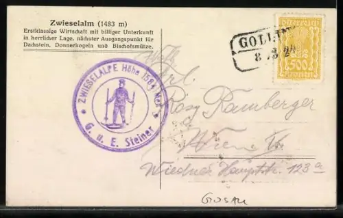 AK Gosau, Gasthaus Zwieselalm G. u. E. Steiner, Dachstein, Bischofmütze