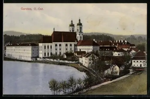 AK Garsten /O.-Ö., Teilansicht mit Kloster und Gewässer aus der Vogelschau