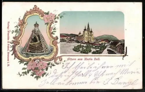 AK Maria Zell, Kirche und Ort, Gnadenbild im Schmuckrahmen, Blumen