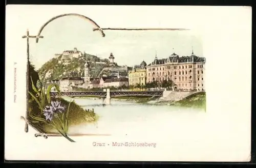 AK Graz, Murpartie mit Brücke und Schlossberg-Panorama, Blumen