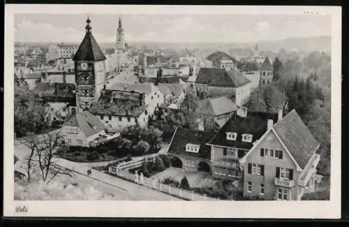 AK Wels, Totalansicht mit Türmen aus der Vogelschau