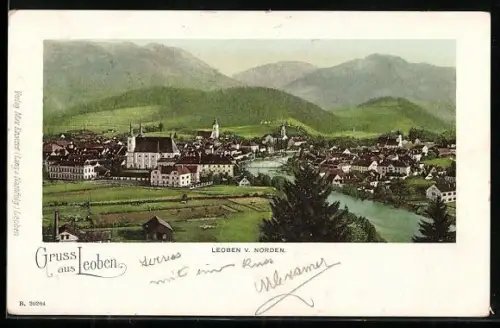 AK Leoben, Gesamtansicht mit Brücke von Norden