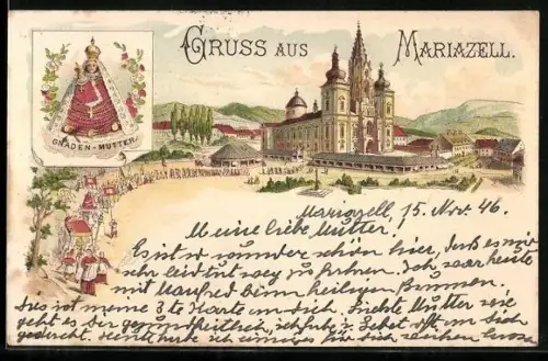 Lithographie Mariazell, Kirchenpanorama mit Prozession, Gnadenmutter