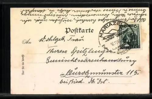 Lithographie Mariazell, Kirchenpanorama mit Prozession, Gnadenmutter