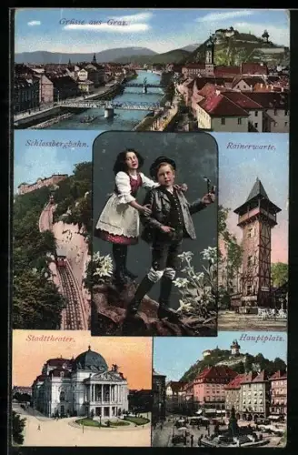 AK Graz, Stadttheater, Hauptplatz, Ortspanorama, Kleines Trachtenpaar