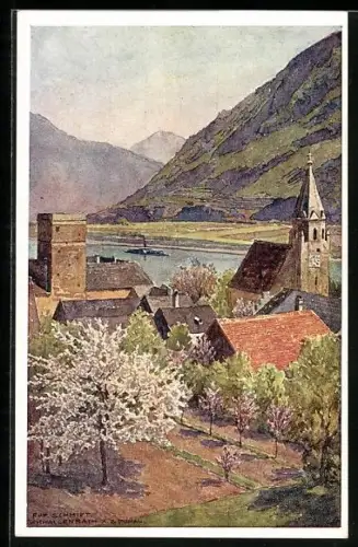 Künstler-AK Rud. Schmidt: Schwallenbach, Teilansicht mit Dampfer am Ufer