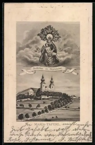 AK Maria Taferl, Kirche mit Umgebung, Gnadenbild in den Wolken