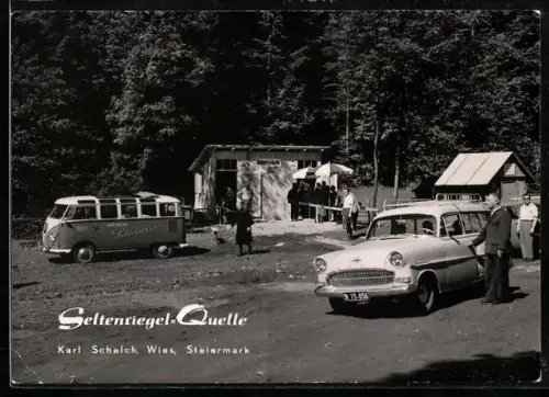 AK Wies /Stmk., Gaststätte Seltenriegel-Quelle mit Gästen, VW-Bulli