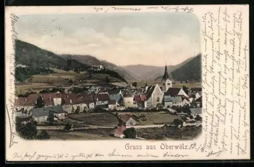 AK Oberwölz, Ortsansicht mit Blick auf die Berge