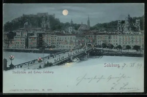 Mondschein-AK Salzburg, Stadtbrücke und Hohen-Salzburg, mit goldenen Fenstern u. Laternen