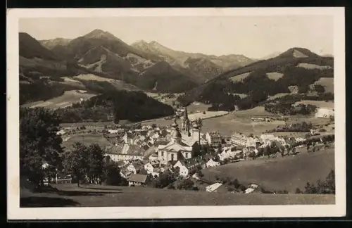 AK Maria Zell, Gesamtansicht, Anlasskarte Bergturnfest des Ötscherturngaues am Zellerhut, rückseitig Turnerbund-Zeichen