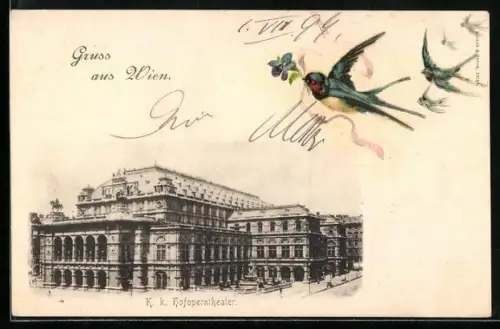 Lithographie Wien, K. k. Hofoperntheater aus der Vogelschau, Schwalben im Flug