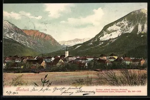 AK Ferlach, Ortspanorama vor Bergkulisse