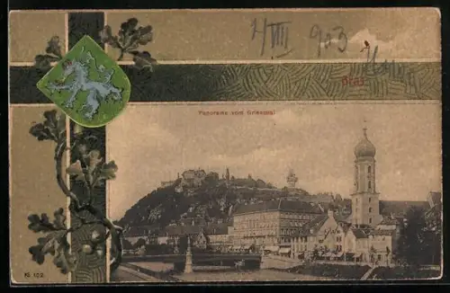 AK Graz, Panorama vom Griesquai, Eichenlaub und Wappen