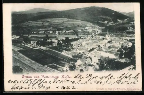 AK Pottenstein /N.-Ö., Totalansicht mit Feldern und Bergen aus der Vogelschau