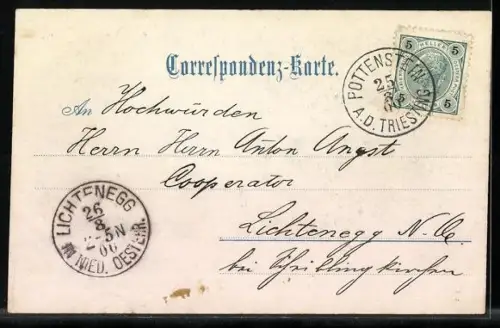 AK Pottenstein /N.-Ö., Totalansicht mit Feldern und Bergen aus der Vogelschau